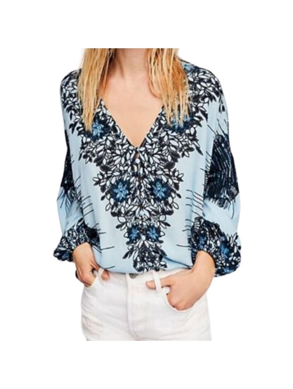 Free people birds of a feather blue Boho high low blouse Women's Size XS